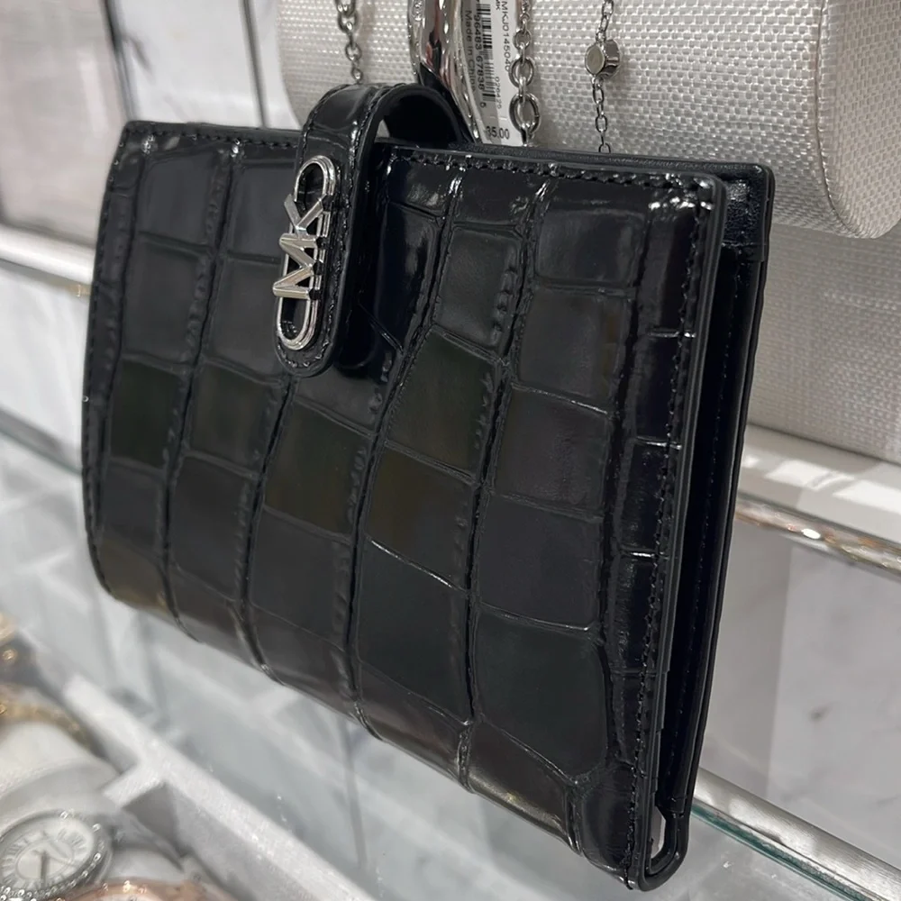 Michael Kors Empire Metallic Crocodile Embossed Leather Passport Wallet Black